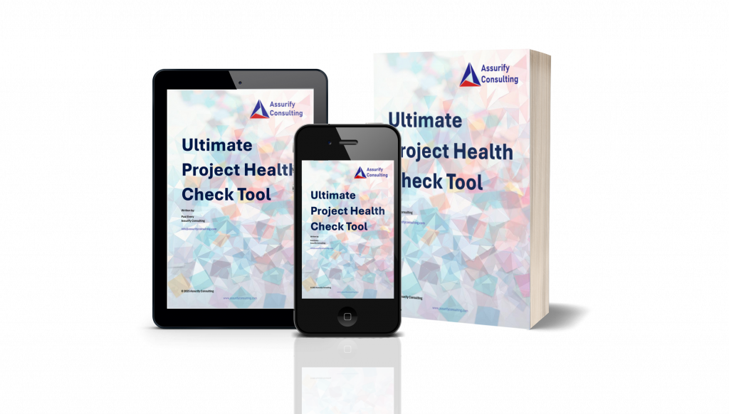 An image showing a tablet, phone and physical book with the title "Ultimate Project Health Check Tool"