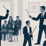 Image of a professional conducting a team on the left and a soloist on the right