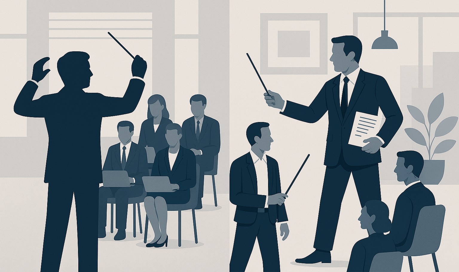 Image of a professional conducting a team on the left and a soloist on the right