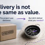 An image showing the difference between delivery (represented by a parcel) and value represented by a compass and map