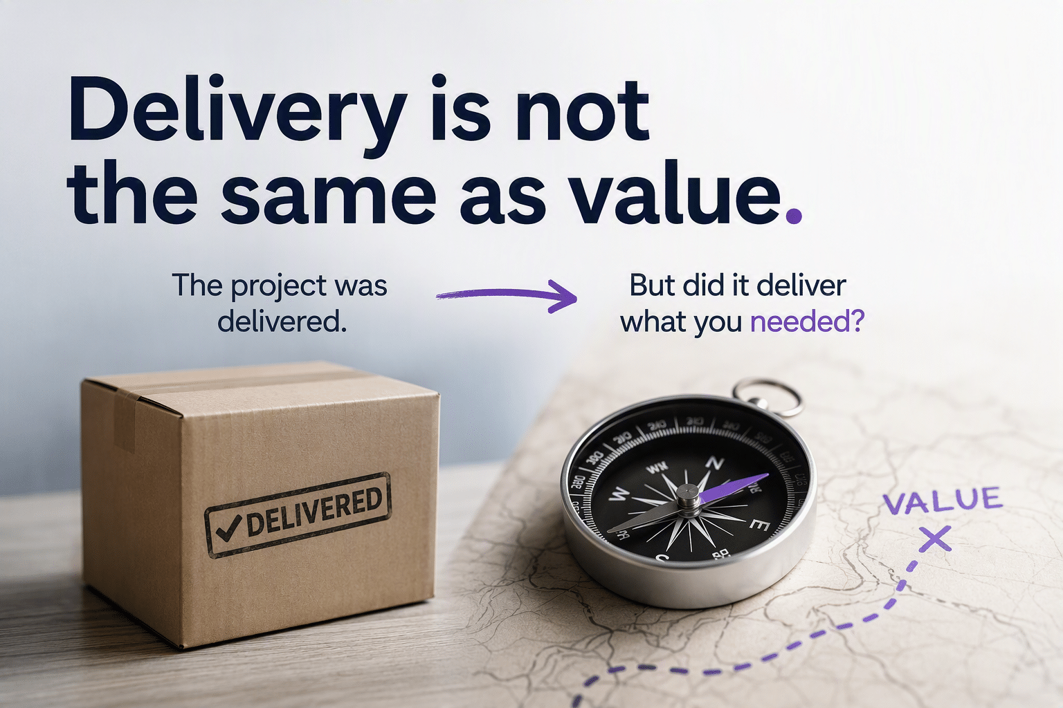 An image showing the difference between delivery (represented by a parcel) and value represented by a compass and map