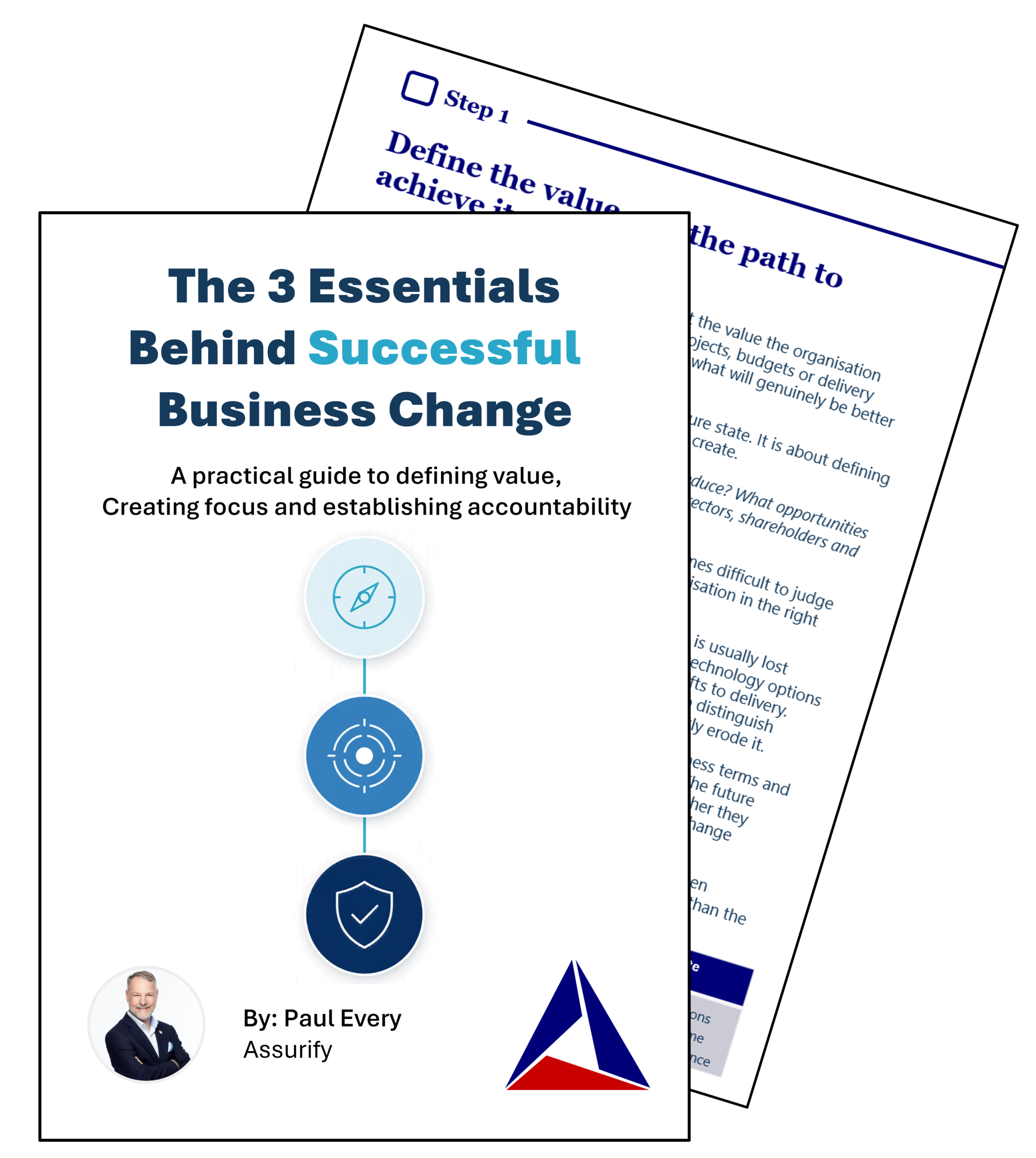 Cover page of a document titled 'The 3 Essentials Behind Successful Business Change' with a vertical icon timeline and author photo bottom-left.